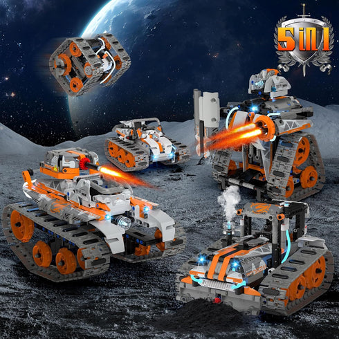 QHECTTY 5in1 6-14, 552 Sets STEM Building Toys for Kids Remote & APP Controlled Mech Robots/Heavy Tanks/Tracked Racer