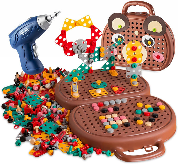 xibulun Magic Montessori Play Toolbox with Drill, 203Pcs Magic Montessori Play Toolbox Bear-Themed,