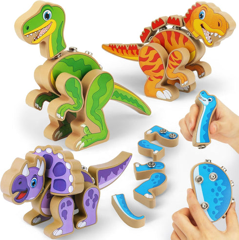 Coogam Build Your Own Dinosaurs Toy, Snap Together Building Dinosaurs Playset, Wooden