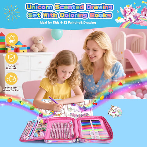 DreamyCandy 73PCS Set 4-6-8,Kids Unicorn Washable Markers with Glitter Pencil Case, Art Supplies and Craft for Girls