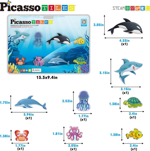 PicassoTiles Magnet Tile Building Blocks, 8 Marine Animal Action Figures Compatible Playset for Kids Toys