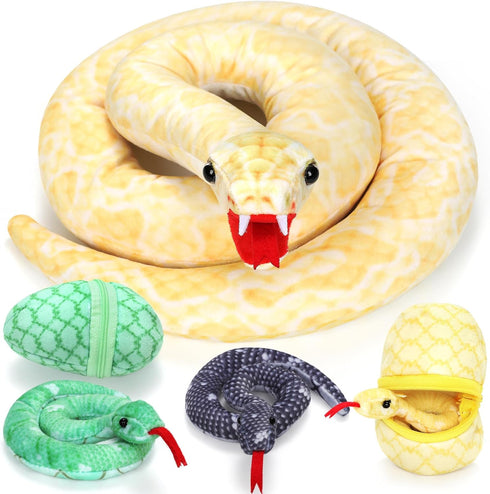 53 Inch Giant Snake Plush Mommy with 3 Babies - Realistic Golden Python Stuffed Animal Easter Gift for Kids