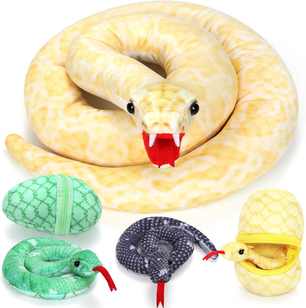 53 Inch Giant Snake Plush Mommy with 3 Babies - Realistic Golden Python Stuffed Animal Easter Gift for Kids