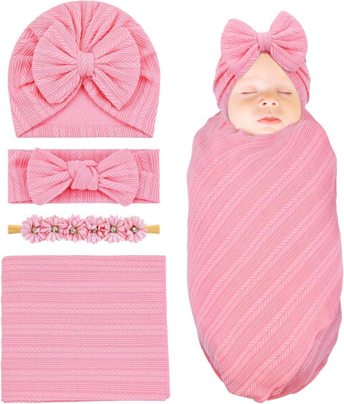 Cinaci 4pcs Pink Soft Nursery Newborn Baby Receiving Swaddle Blanket with Matching