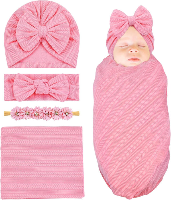 Cinaci 4pcs Pink Soft Nursery Newborn Baby Receiving Swaddle Blanket with Matching