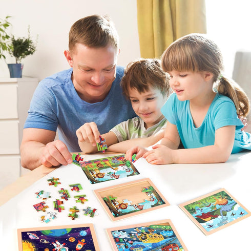 3-5, 4-Pack 20 Set, 3 4 5 6 Wooden Educational Jigsaw Puzzles for Preschool Kids Ages with Pieces Dinosaur, Space