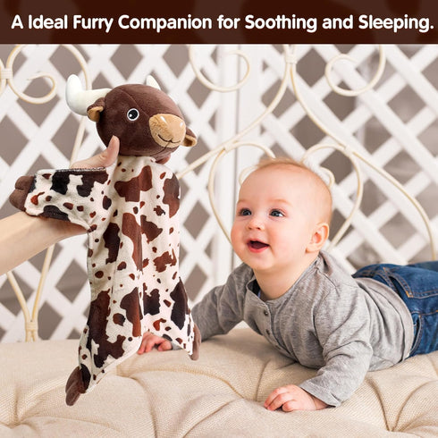 Longhorn Baby Security Blanket Lovey Baby Shower Cow Spotted Cowhide Print Stuffed Cow Snuggler First Birthday Unisex