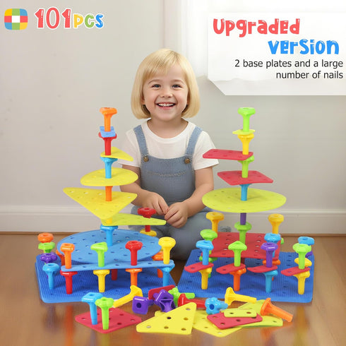 Set 101Pcs 3-6 Ggiibro Peg Board Toy DIY Building Stacking Toys for Kids Years Old,STEM Educational Kids Toy for Brain