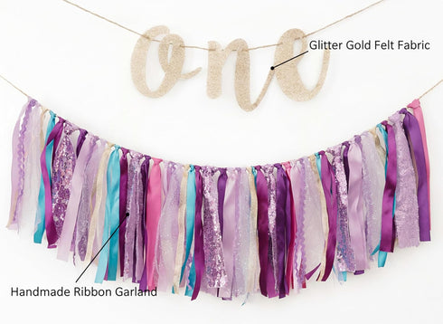 1st Set PapaKit Girl Birthday High Chair Premium Decoration - Sparkle Purple & Teal Ribbon Garland, Crown, One Banner