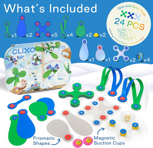 Pack 24-Piece Playset Clixo Window Travel - Fun Magnetic Toy for Kids - Suncatcher Kit with Prisms & Suction Cups