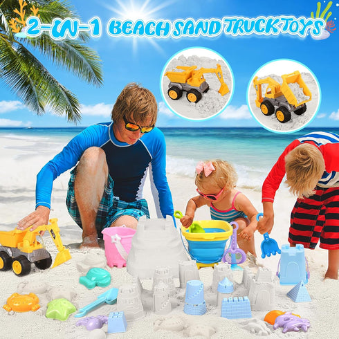 FHOZGECY 2 1 4-8 Beach Toys, Sand Toys for Kids Boys and Girls with in Construction Vehicles, Collapsible Bucket, Sand