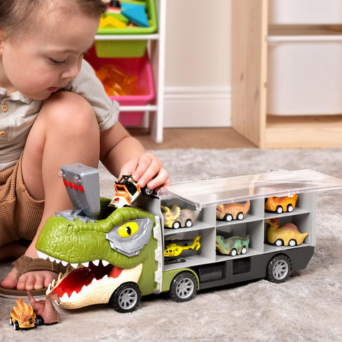 JOYIN 13 in 1 Dinosaur Toys for Kids 3-5, Dinosaur Truck with 12 Pull Back Cars, Birthday Gifts for Boys