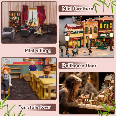 400 Pcs Miniature Dollhouse Flooring - 1:12 Scale Mini Wooden Floor Boards, Geometric Bamboo Doll House Furniture, Brown