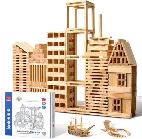 ICEKO KN 100pcs Classic Wooden Building Blocks Set, Solid STEM Toys for Kids, Montessori Toys for Toddlers