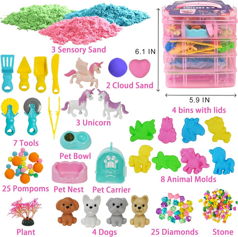 3 4 5 6 7 8+ Stackable Sensory Bin, Unicorn & Pet Sensory Sand, Unicorn and Pet Sandbox with Play Sand for Toddlers