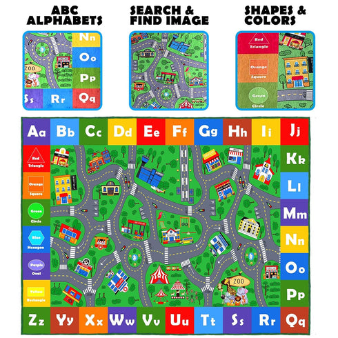 Mishareal Kids Play Mat, Super Soft Car Track Rug, ABC and Shapes Educational Playmat, Non-Slip City Road Traffic