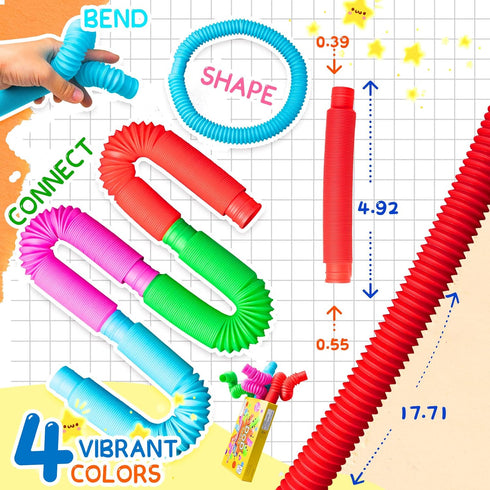 Pop Tubes Sensory Toys, Fidget Toys for Kids and Adults, Multi-Color Pop Tubes (4 Pack)