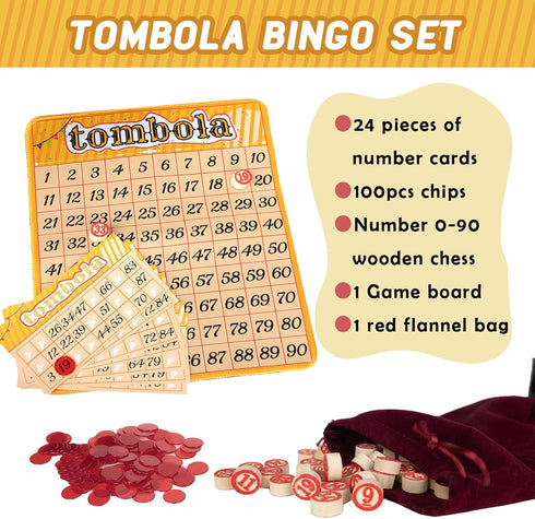Tombola Bingo Game,Vintage Tombola Italian Game,Russian Lotto with number1-90 for Lottery, for up to 24 Players