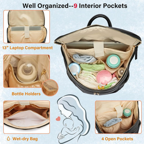 Backpack Leather Diaper Bag for Boy Girl Twins, Toddler Diaper Bag with Multiple Pockets, Cooler Compartment