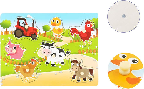 7Pieces Wooden Puzzles Farm Chunky Baby Puzzles Peg Board, Full-Color Pictures for Preschool Educational Jigsaw