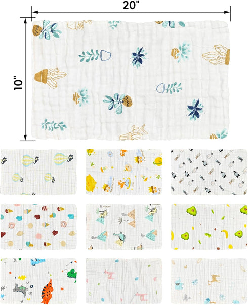 20' 10' Pack 10, 6-layer FOOK FISH Muslin Burp Cloths Cotton Burping Cloth X of Baby Spit Up Cloths for Newborn