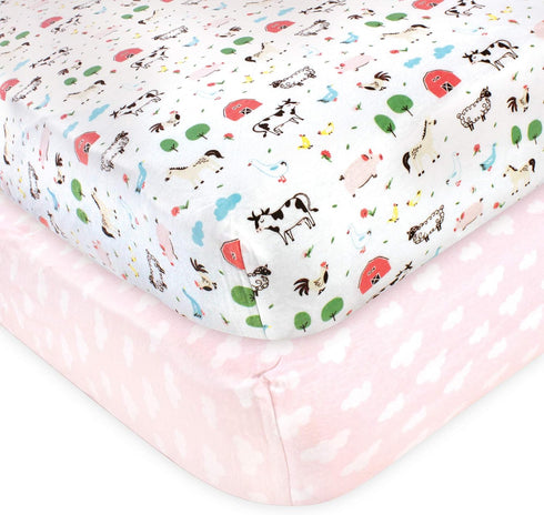 Hudson Baby Unisex Baby Cotton Fitted Crib Sheet, Girl Farm Animals, One
