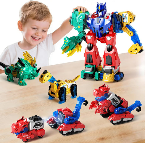 Magnetic Dinosaur Transforming Robot Toys, 6-in-1 Dino Construction Trucks for Kids, Magnetic
