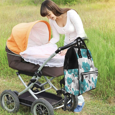 FHEDVBN Backpack Mummy Backpacks Daypack Teal Grey and White Floral Diaper Bag for Women Multifunction Waterproof