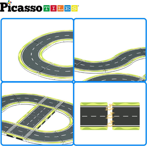 PicassoTiles Magnet Tile Car Track Adventure Theme Printed Street Road Runway Speedway Highway Magnetic Building Tiles Block Construction Pretend Play Playset STEM Education Learning Kit Kids 3+ PTE16