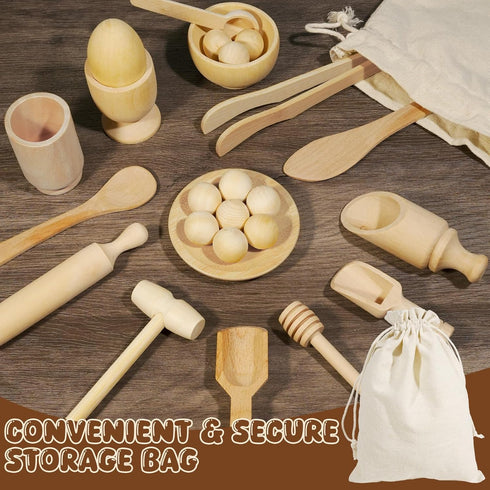 25PCS Set, Counting Hammering Hiawbon Wooden Sensory Bin Tools for Toddlers, Wooden Pretend Play Sensory Tools