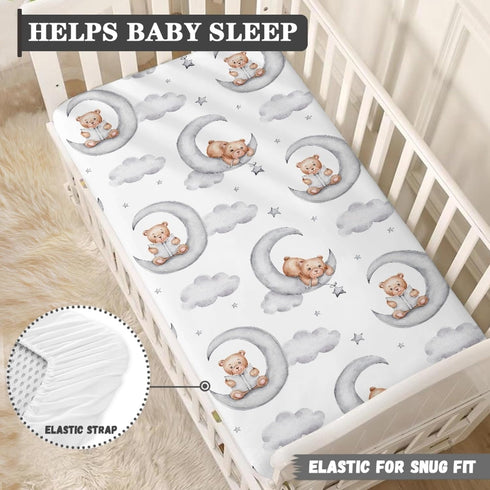 QINBEIDU 28"x52" Teddy Bears Fitted Crib Sheet Watercolor Moon Star Clouds Standard Crib Mattress Fitted Sheet Grey