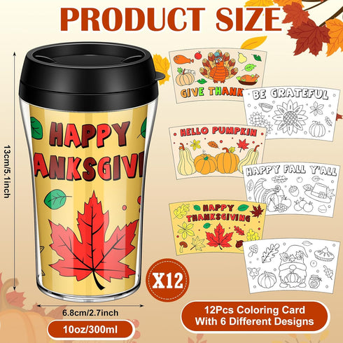 Yiyiring 12 Set 10 oz Thanksgiving Crafts DIY Color Your Own Coloring Cups Fall Pumpkin Turkey Leaves Plastic Mugs