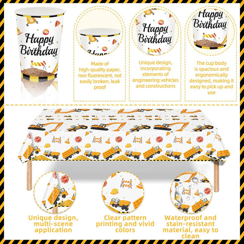 24 Construction Birthday Party Supplies for Guests - Decorations Include Plates, Napkins, Cups, Tablecloth, Cake