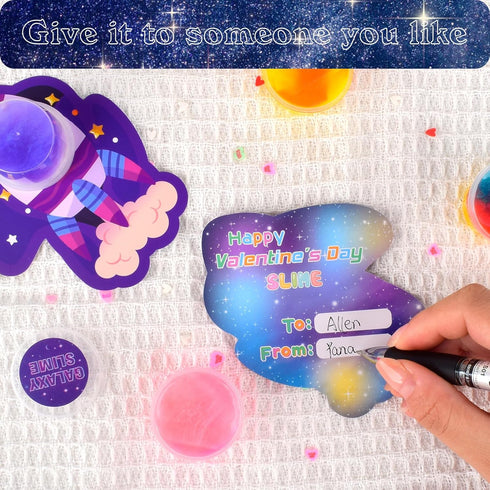 30 Pack tuupowana Valentines Day Gift Cards with Galaxy Slime Stress Relief Fidget Toy for Kids Party Favor, Classroom