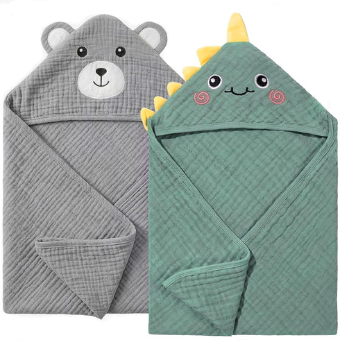 4 PCS Muslin Baby Bath Towels Set, 100% Cotton 2 PCS Animal
