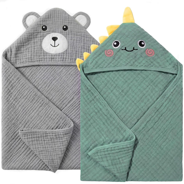 4 PCS Muslin Baby Bath Towels Set, 100% Cotton 2 PCS Animal