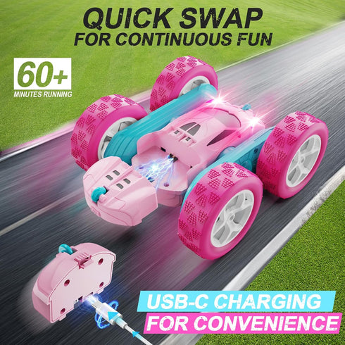 2.4 360 6 7 8 9 10 11 12 QUNREDA RC Cars, Pink Remote Control Car for Girls, GHZ Double Sided RC Stunt Car Rotating