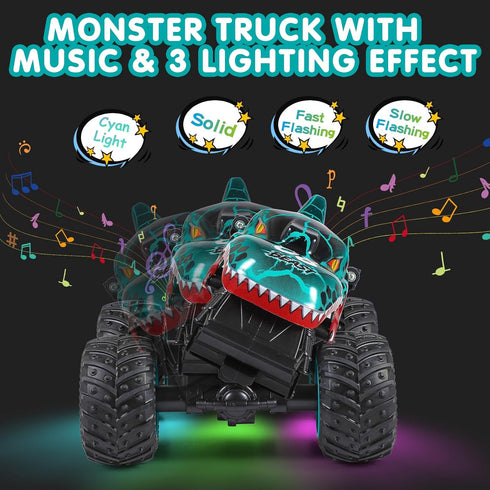 2.4Ghz 3 360 2 DYODYORC Remote Control Car, All Terrain Dinosaur Monster Truck Toys, RC Truck with Music, Lighting