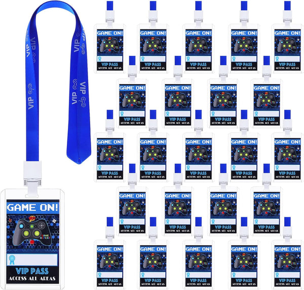 24 Pieces VIP Video Game Pass Holder with Lanyard for Game Themed Birthday Party Supplies