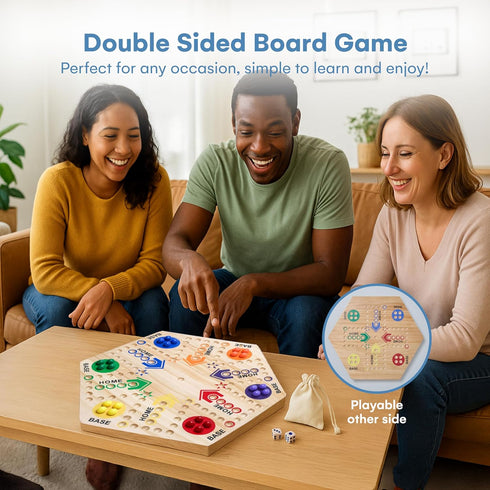Set 6-Player Flybold Wooden Marble Board Game for Adults and Kids - Classic Strategy Game with Dice and Storage Bag