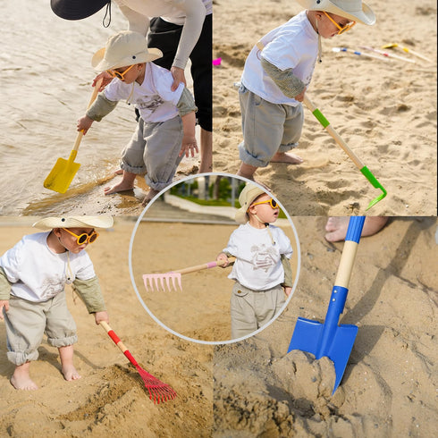 Egashow 5 28" Playset PCS Detatchble Kids Gardening Tools, Metal Beach Digging Toys with Sturdy Wooden Handle, Safe