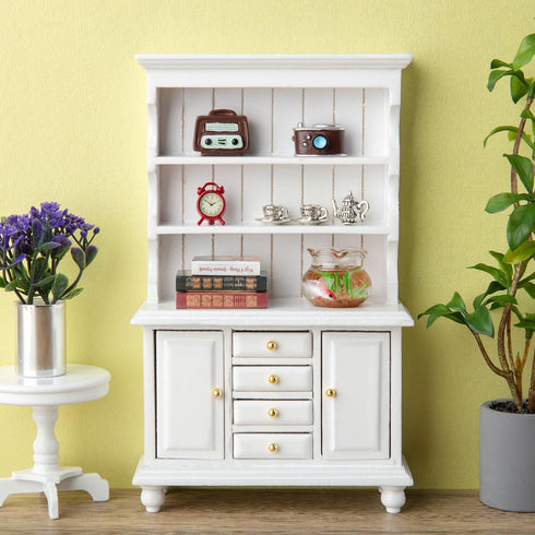 Minamzee 1/12 Set, 11Pcs Dollhouse Cabinet Dollhouse Miniature Wooden Bookshelf with Accessories (Alarm Clock, Fish