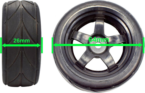 Apex RC Products 1/10 On-Road 12mm Black 5 Spoke Wheels V Tread Rubber Tires (Set of 4) #5000