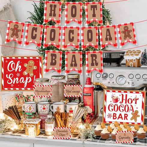Hot Cocoa Bar Decoration Kit, Gingerbread Man Theme Hot Cocoa Bar Banner Christmas Hot Chocolate Bar Supplies Sign