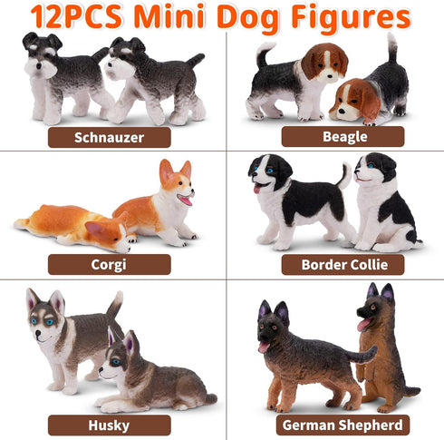 12PCS Dog Figurines Playset, Realistic Detailed Plastic Puppy Figures, Hand Painted Mini Dog Figures Toy Set Cake Toppers Birthday Easter Eggs Gift for Kids Toddlers