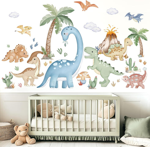 wondever Large Boho Dinosaur Wall Stickers Watercolor Dino Tropical Plants Volcano Peel