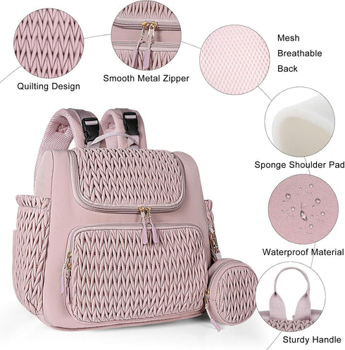 Geestock Diaper Bag Small Backpack, Stylish Quilted Baby Bag with Changing Pad, Pink Color