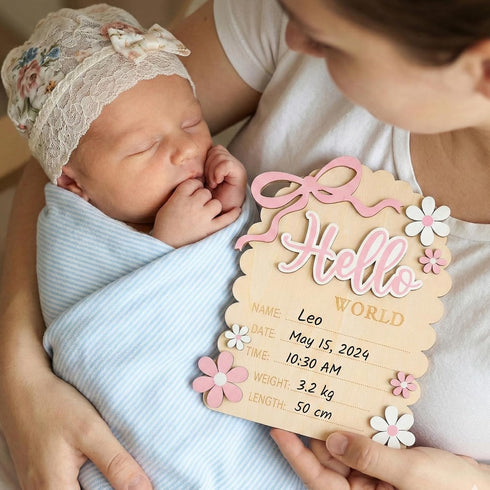 QFGasre 3D Baby Announcement Sign Hello Worlds Newborn Sign Wooden Pink Bows Birth Announcement Signs Shes Here Card