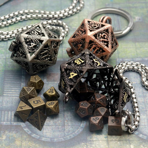 Haxtec Mini Metal DND Dice Set - 20mm Black Gold Hollow D20 Necklace with Antique Tiny Copper Dice