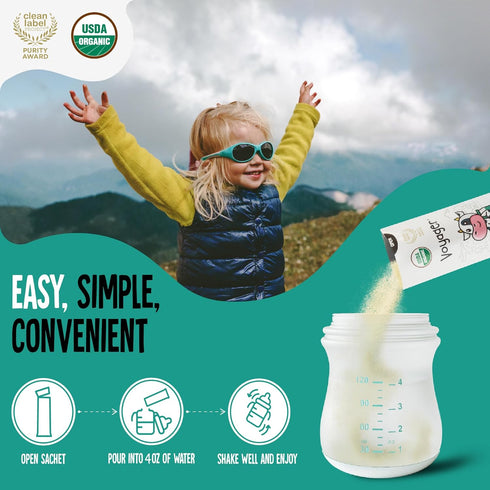16 15g Voyager Toddler Milk On The Go, USDA Organic Shelf Stable Whole Milk Powder, Great for Travel, No Refrigeration